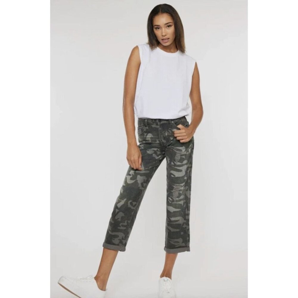 Kancan Benji Camo High Rise Distressed Boyfriend Jeans in Olive - Sz 11/29 - NWT